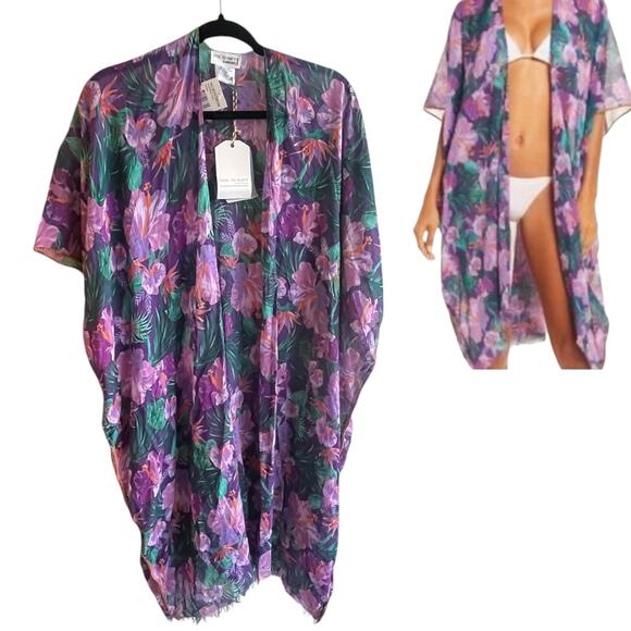 NEW Pool to Party Floral Fringe Swim COVER UP KIMONO Tropical Purple 100% Cotton - Picture 1 of 12
